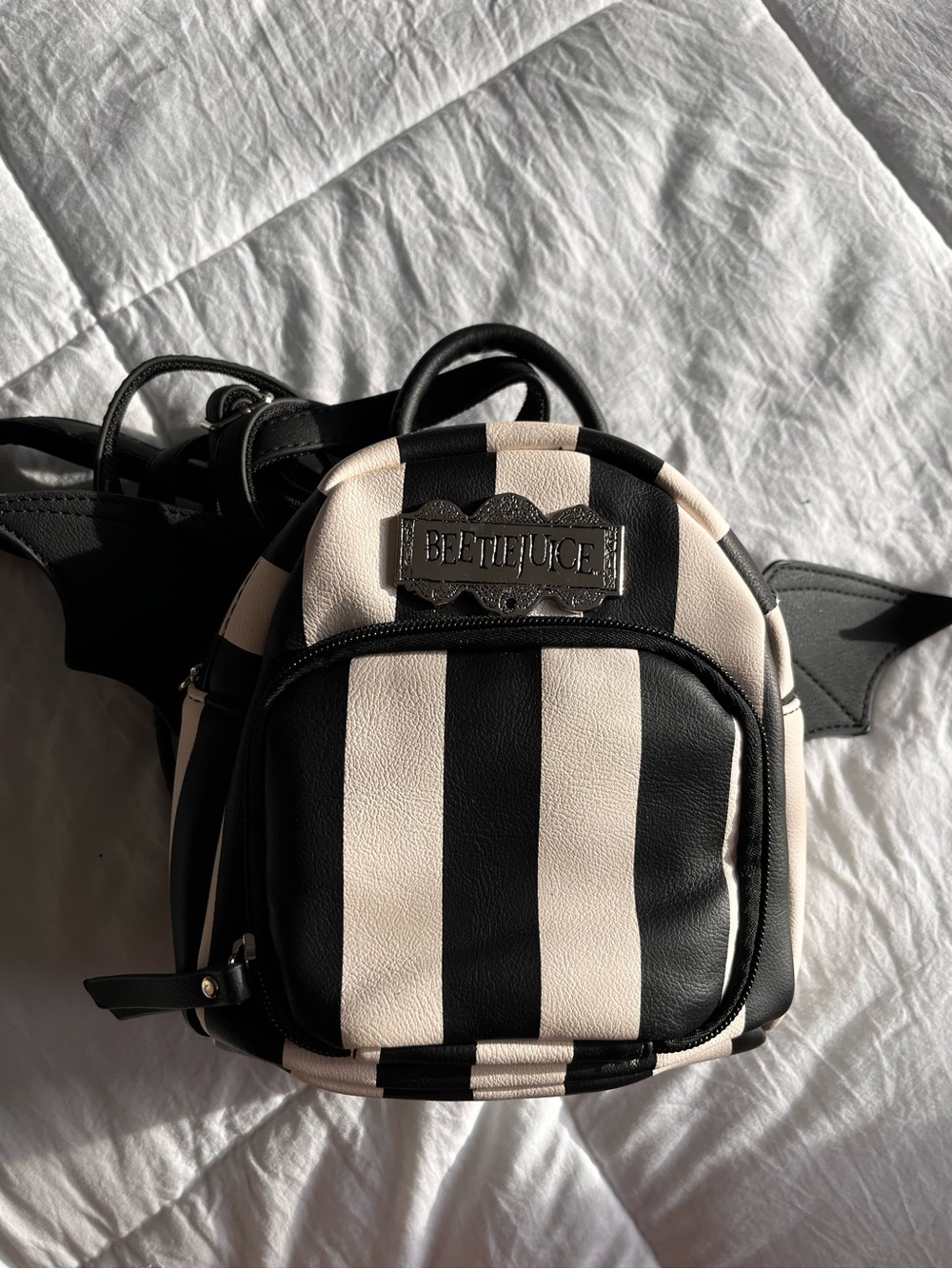 NWT Hot Topic Beetlejuice Black and White Striped Mini Backpack with Bat Wings